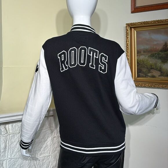 Roots Varsity Jacket Black & White Cotton Jersey Made in Canada - Picture 6 of 14